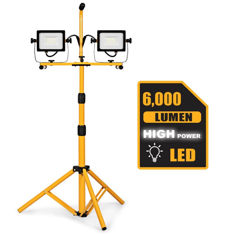 Costway 60W 6000lm Dual-Head LED Work Light w/ Adjustable Metal Tripod Stand Waterproof, 1 of 11