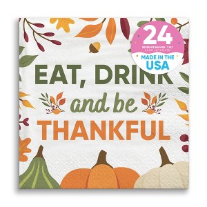 Big Dot of Happiness Eat Drink and Be Thankful Napkins, Friendsgiving Thanksgiving Party Decor, White 3-Ply Paper Beverage Cocktail Napkins - 24 Count - 1 of 4