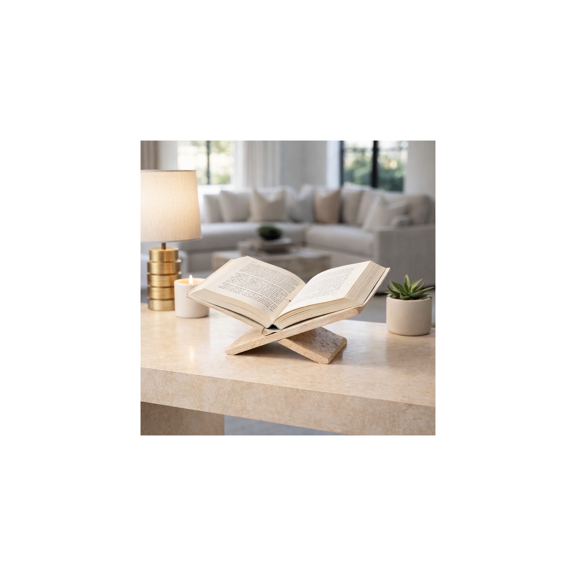 Sleek Marble Bookstand with Smooth Cross-Frame Design - Elegant Decorative Bookstand for Modern Home Library, Office, or Desk Decor - 6" Tan