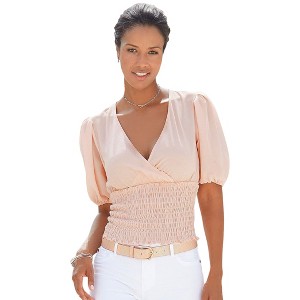 Women's Smocked Waist Wrap Look Blouse Shirt - LASCANA - 1 of 4