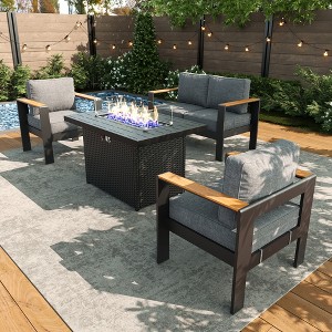 LayinSun 4 Pieces Aluminum Outdoor Patio Furniture Set with Fire Pit Table, Outside Metal Patio Conversation Sets with Deep Seating and Thick Cushions - 1 of 4