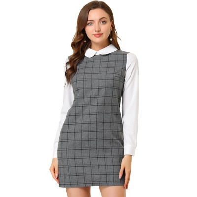 Allegra K Women's Contrast Peter Pan Collar Long Sleeve Above Knee Shift Plaid Dress
