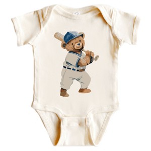 The Juniper Shop Watercolor Baseball Bear Baby Short Sleeve Bodysuit - 1 of 4