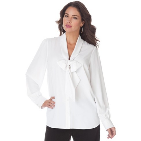 Roaman's Women's Plus Size Long Sleeve Bow Blouse, 26 W - White