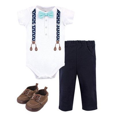 Little Treasure Baby Boys Cotton Bodysuit, Pant and Shoe 3pc Set, Whale Suspenders