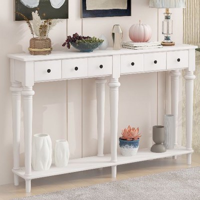 PAGED Vintage Pine Veneer Console Table with 4 Drawers & Shelf, Distressed Glaze Entryway Table, Retro Entryway Sofa Table Narrow Long