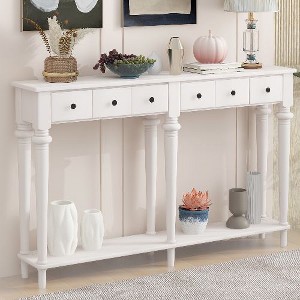 PAGED Vintage Pine Veneer Console Table with 4 Drawers & Shelf, Distressed Glaze Entryway Table, Retro Entryway Sofa Table Narrow Long - 1 of 4