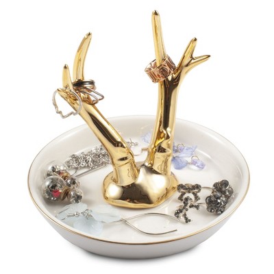 Zodaca Gold Ceramic Ring Holder, Handmade Jewelry Organizer Tray Trinket Dish for Vanity, Antlers