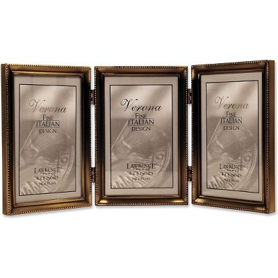 Lawrence Frames Antique Brass 4x6 Hinged Triple Picture Frame - Bead Border Design 11446T