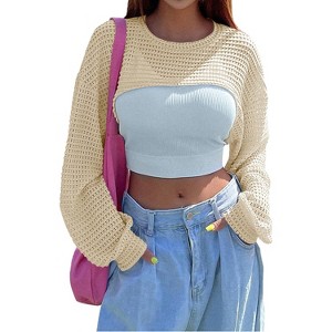 Clearlove Women Long Sleeve Crop Tops Hollow Out Crochet Shrug Bolero Top Cover Up Mesh Pullover - 1 of 4