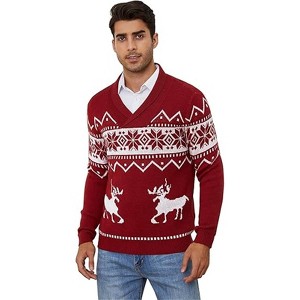 Clearlove Mens Ugly Christmas Sweaters Snowflakes Holiday Reindeer Printed Shawl Collar Knitted Long Sleeve Pullover Jumpers - 1 of 4