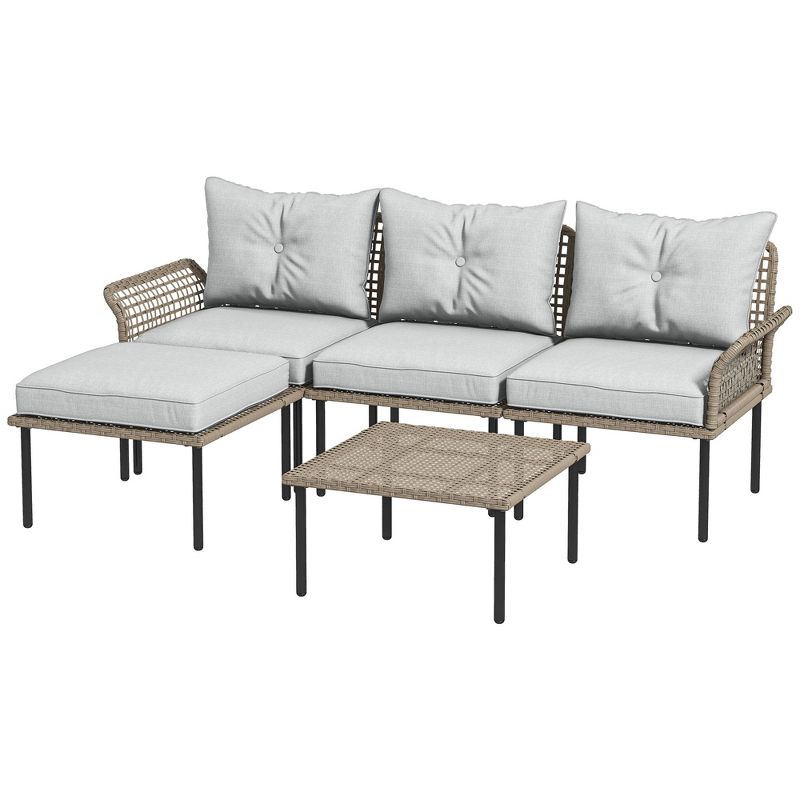 Outsunny 5 Pieces Patio Furniture Set with Cushions, Sofa, Chaise Lounge, Stool, Coffee Table, 4 of 7
