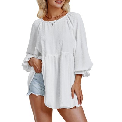 EXLURA Womens Long Sleeve Blouses Swiss Dot Babydoll Loose Fit Maternity Top 2025 Spring Fall Tunic Shirts Dressy Casual Tops White