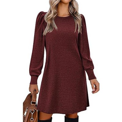 Women Knit Dress Puff Long Sleeve Dress for Fall Winter Round Neck Casual Tunic Dress