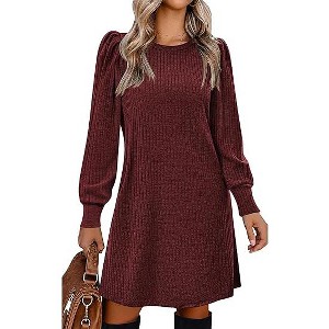 Women Knit Dress Puff Long Sleeve Dress for Fall Winter Round Neck Casual Tunic Dress - 1 of 4