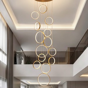 BAOURE 14 Ring High Ceiling Chandelier Foyer, Black Modern LED Large Staircase Long Chandeliers Light Fixture with Remote for Entryway Living Room - 1 of 4