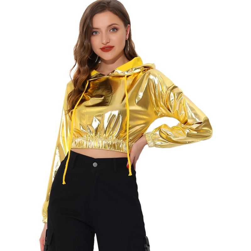 Allegra K Women's Crop Hoodies Holographic Shiny Metallic Sweatshirts, 1 of 6