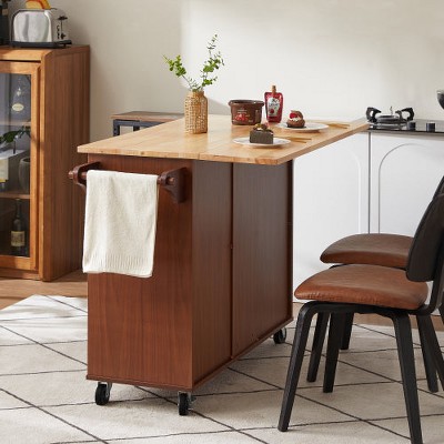 LunaLulinlk Kitchen Island with Drop Leaf Countertop, Barn Door Kitchen Island Table with Storage Cabinet and Tower Rack, Retro Brown