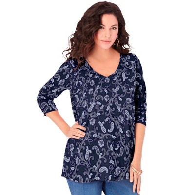 Roaman's Women's Plus Size Long-sleeve V-neck Ultimate Tee - 12, Navy ...