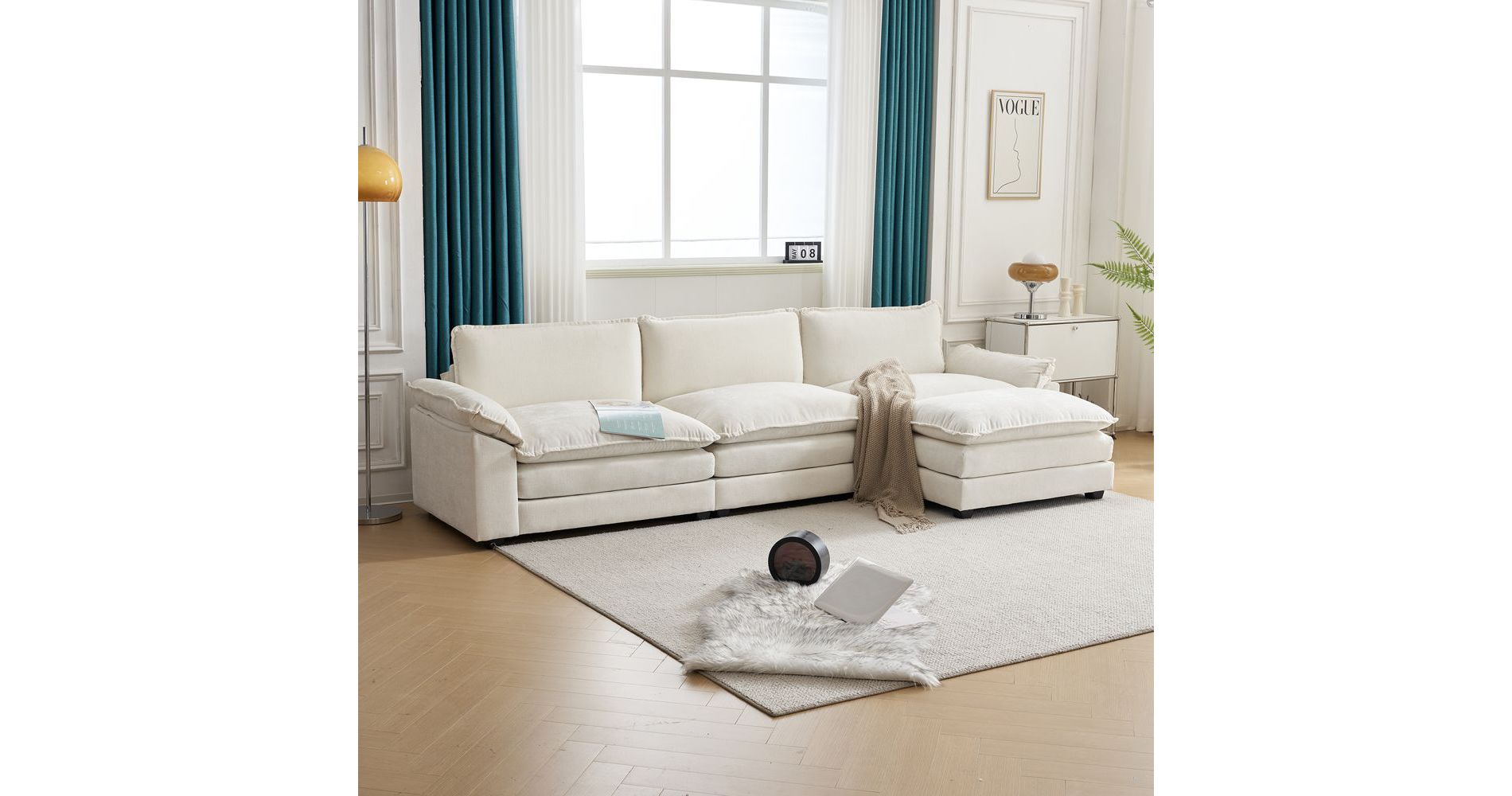 Karl Home |120 in. W Pillow Top Arm Double-layer Cushion Chenille Sofa in Brown With Ottoman