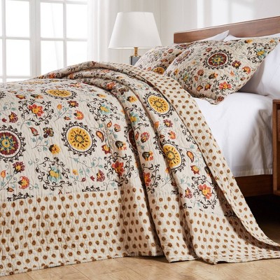 Greenland Home Fashions Queen Andorra Bedspread Bedding Set Beige - Greenland Home Fashions: Reversible Cotton, Abstract Floral, 3-Piece, Traditional Style — фото 4