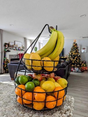 Scnve Fruit Basket - 2 Tier Fruit Bowl with Banana Hanger for Kitchen (Black)