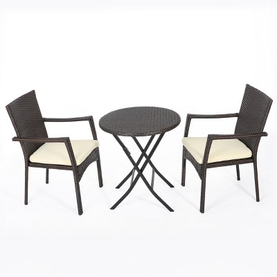 GDFStudio Frankfort Outdoor Wicker 3 Piece Bistro Set with Cushion, Multibrown/Cream