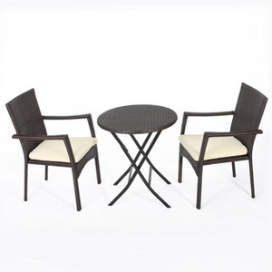 GDFStudio Frankfort Outdoor Wicker 3 Piece Bistro Set with Cushion, Multibrown/Cream - 1 of 4
