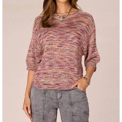 Women's Elbow Raglan Sleeve Round Neck Space Dye Metallic Sweater - Democracy