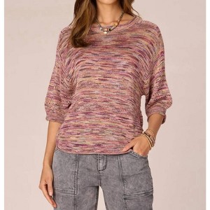 Women's Elbow Raglan Sleeve Round Neck Space Dye Metallic Sweater - Democracy - 1 of 4