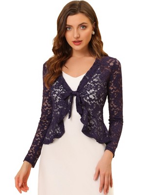 Allegra K Women's Tie Front Ruffled Hem Floral Lace Sheer Crop Shrug ...