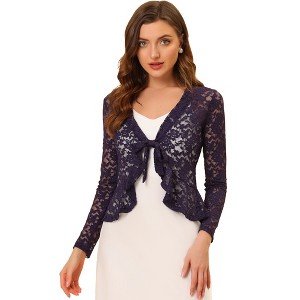 INSPIRE CHIC Women's Tie Front Ruffled Hem Floral Lace Sheer Crop Bolero Shrug - 1 of 4