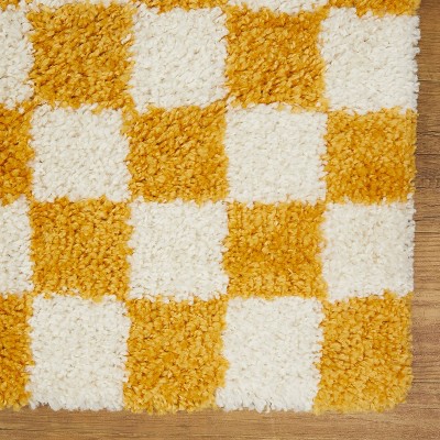 Yellow and White Checkered Shag Rug, 8' x 10', Synthetic