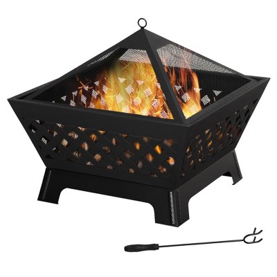 Outsunny 26 Inch Outdoor Fire Pits, Bonfire Wood Burning Firepit Bowl, Camping Fire Pit with Spark Screen Cover, Poker for Patio, or Backyard, Black