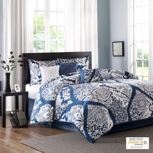 Lyngins 7-Piece Cotton Sateen Comforter Set – Intricate Damask Print, Reversible Solid Design, Hypoallergenic, Oeko-Tex Certified, Queen Bedding Set - 1 of 4