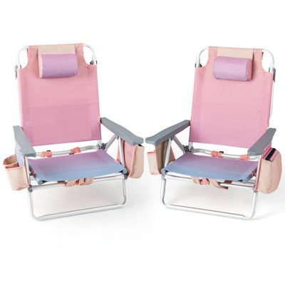 Tangkula 2PCS Folding Backpack Lay Flat Beach Chairs 5-Position Outdoor Reclining Chairs w/ Pillow