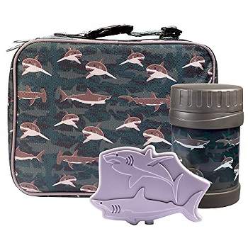 Bentology Kids Lunch Bag Set (Sharks) w Reusable Hard Ice Pack & Double-Insulated Food Jar for Drinks or Soups - Perfect Lunchbox Kits
