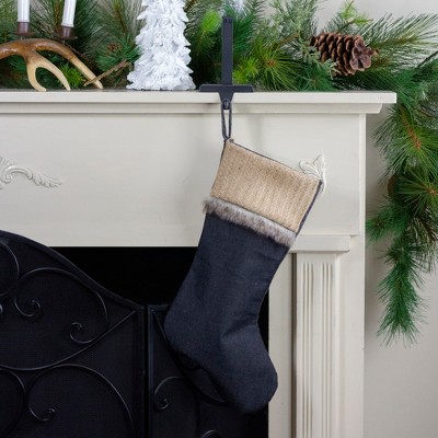 20" Blue and Beige Burlap Chambray Christmas Stocking with Faux Fur Trim