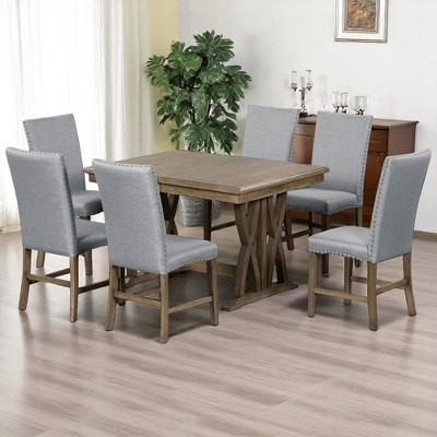 7-Piece Mid-Century Dining Table Set, Extendable Solid Wood Table with 6 Upholstered Chairs and 12" Leaf for Dining Room or Kitchen