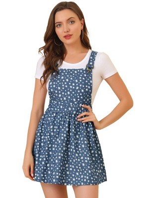Allegra K Women's Printed Adjustable Straps Mini Chambray Pinafore Dress