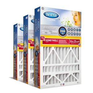 BestAir 3pk 16" x 25" x 4" Honeywell Replacement Air Furnace Filter MERV 13: 4 Inch Electrostatic, EPA Certified - 1 of 4