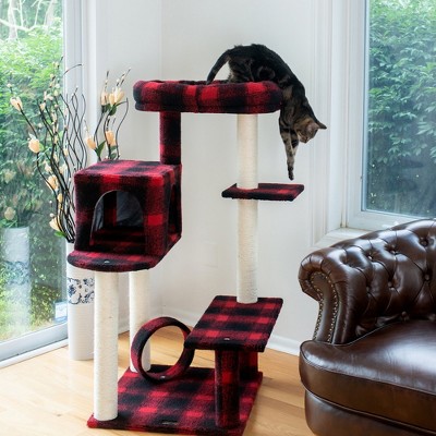 50-Inch Red and Black Plaid Sisal Cat Tree with Lounger