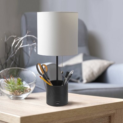 Black Hammered Metal Table Lamp with USB Port and White Shade