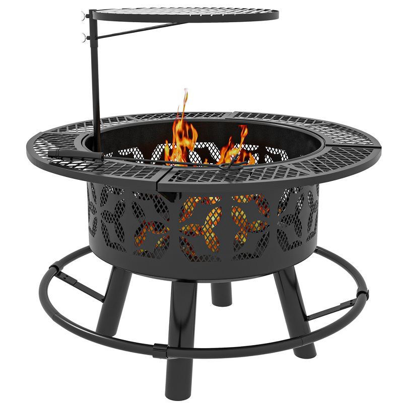 Outsunny 2-in-1 Fire Pit, BBQ Grill, 33" Portable Wood Burning Firepit with Adjustable Cooking Grate, Pan and Poker, Black, 1 of 7