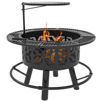 Outsunny 2-in-1 Fire Pit, BBQ Grill, 33" Portable Wood Burning Firepit with Adjustable Cooking Grate, Pan and Poker, Black