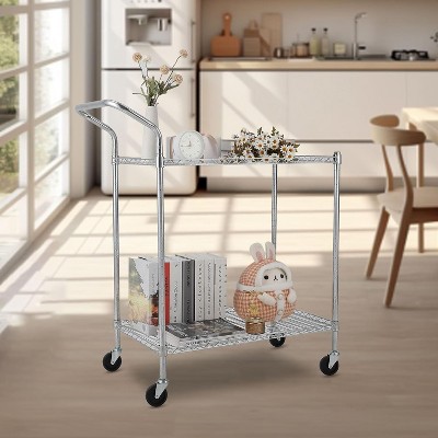 Metal Rolling Trolley, Kitchen Food Storage Trolley with Wire Shelves and Handles, Commercial Grade Service Cart, Kitchen, Office