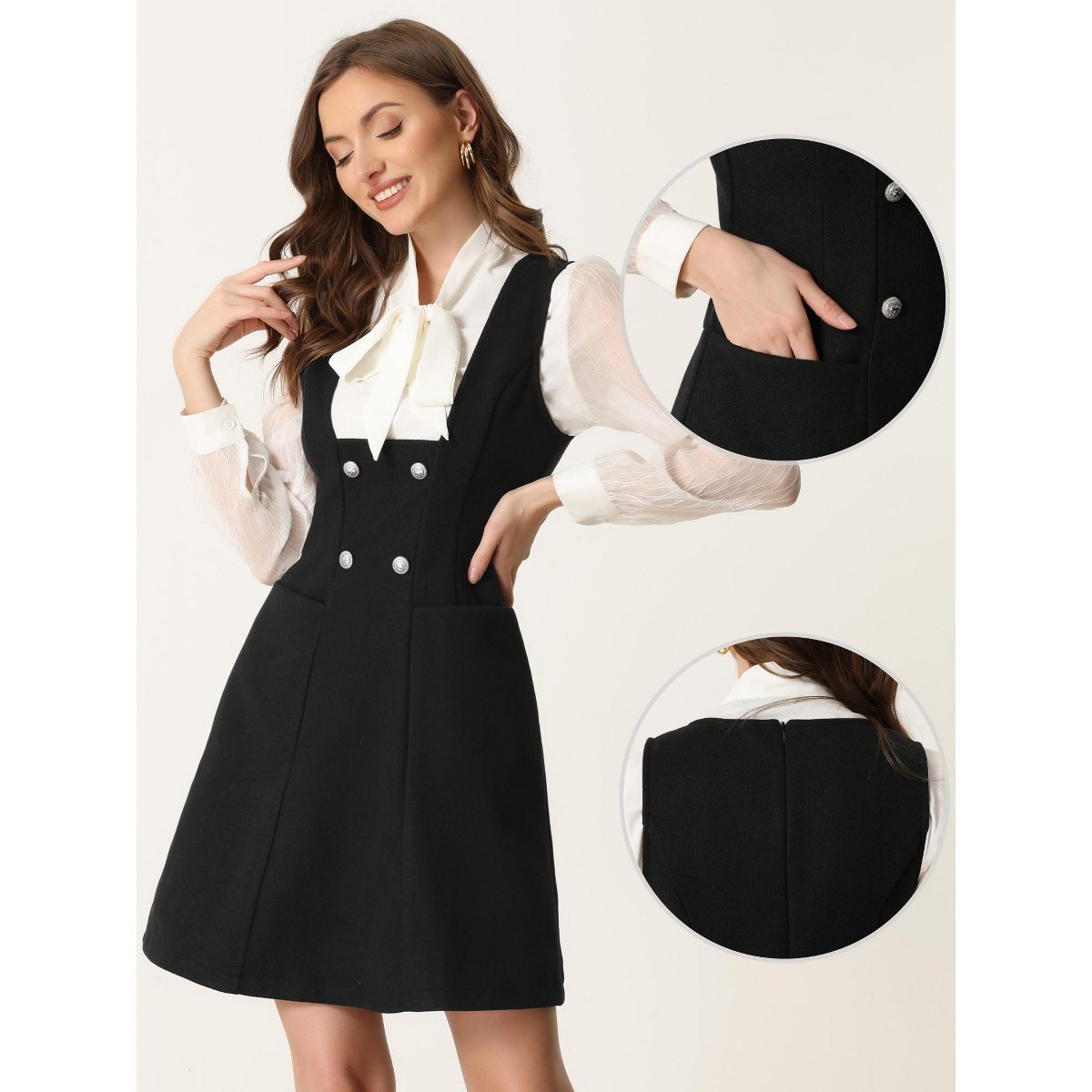 Женские платья INSPIRE CHIC Women's Double Breasted Decor A-Line Pinafore Suspender Dress Medium Black — фото 2