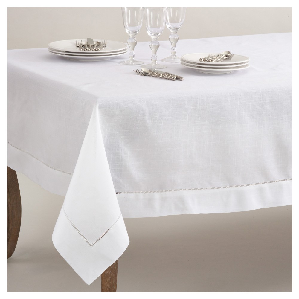 Photos - Tablecloth / Napkin 70"x140" Hemstitch Border Design Tablecloth White - Saro Lifestyle