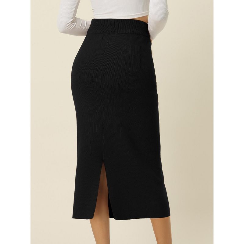 Seta T Women's Elastic High Waist Midi Basic Skirt Slit Hem Stretchy Ribbed Knit Bodycon Midi Skirts, 4 of 6