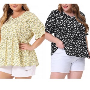 Women's Plus Size 2 Pieces Floral Pleated V Neck Ruffle Short Sleeve Casual Tiered Babydoll Blouses - Agnes Orinda - 1 of 4